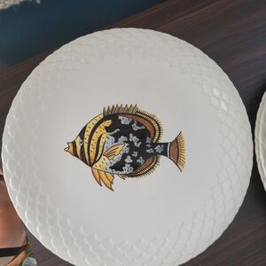 Set Of 5 Gien France Faience White Dinnerware Set With Fish Design